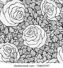 Floral decorative black and white background with cute roses, monochrome seamless pattern.