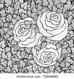 Floral decorative black and white background with cute roses, monochrome seamless pattern.