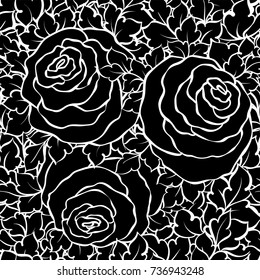 Floral decorative black and white background with cute roses, monochrome seamless pattern.