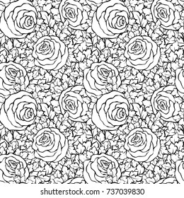 Floral decorative black and white background with cute roses, monochrome seamless pattern.