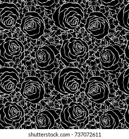 Floral decorative black and white background with cute roses, monochrome seamless pattern.