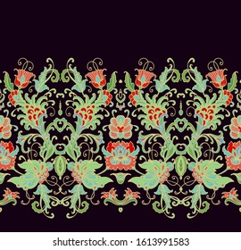 Floral decorative border ornament, vector floral branch on black background