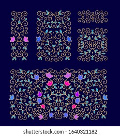 Floral decorative border ornament, vector floral branch on dark background