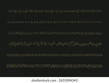 Floral decorative border vector illustration. 6 different designs. Hand-drawn gold pattern. Black background.
