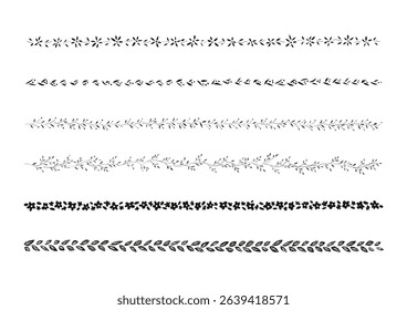 Floral decorative border vector illustration. 6 different designs. Hand-drawn black pattern. White background.