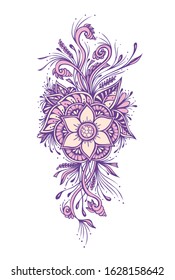 Floral decorative bouquet  with flowers leaves in black white for tattoo and  for decoration different things or for embroidery 