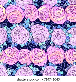 Floral decorative bright pink background with cute roses, seamless pattern in lilac colors.