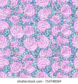 Floral decorative bright pink background with cute roses, seamless pattern in lilac colors.