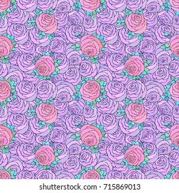 Floral decorative bright pink background with cute roses, seamless pattern in lilac colors.