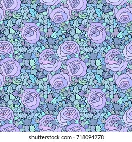 Floral decorative bright pink background with cute roses, seamless pattern.
