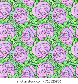 Floral decorative bright pink background with cute roses, seamless pattern.