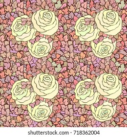 Floral decorative bright pink background with cute roses, seamless pattern.