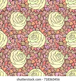 Floral decorative bright pink background with cute roses, seamless pattern.