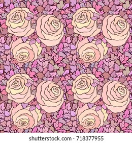 Floral decorative bright pink background with cute roses, seamless pattern.