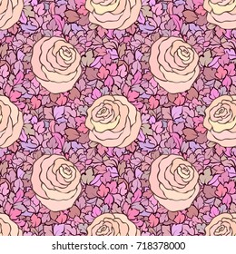 Floral decorative bright pink background with cute roses, seamless pattern.