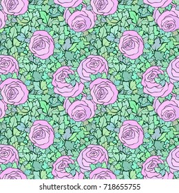 Floral decorative bright pink background with cute roses, seamless pattern.