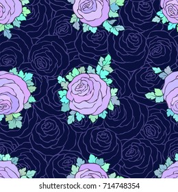 Floral decorative bright wallpaper with cute roses, seamless pattern in lilac colors on blue background.