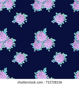 Floral decorative bright wallpaper with cute roses, seamless pattern in lilac colors on blue background.