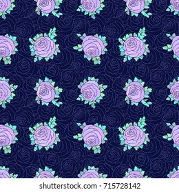 Floral decorative bright wallpaper with cute roses, seamless pattern in lilac colors on blue background.