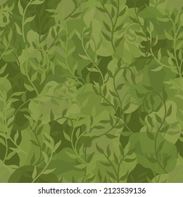 Floral decorative camo. Liana spreads green leaves creeper seamless pattern on camouflage background. Vector fashion illustration for linen, fabrics, uniform, textile material or wallpaper
