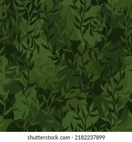 Camo decorativo floral. Liana propaga hojas verdes oscuras más nítidas en el fondo del camuflaje. Ilustración de moda vectorial para lino, tejidos, uniformes, materias textiles o papel pintado