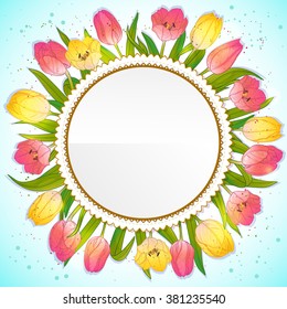 Floral decorative card with red and yellow tulips and place for your text, vector image, EPS10