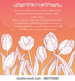 Floral decorative card with tulips on red-yellow background and place for text, vector image, eps10