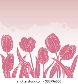 Floral decorative card with tulips on pink background and place for text, vector image, eps10