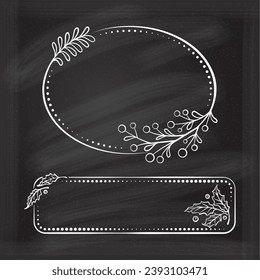 Floral decorative Christmas frames on a chalkboard background. Monogram, invitation or greeting card template. 