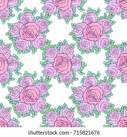 Floral decorative colorful bright wallpaper with cute roses, seamless pattern on white background.