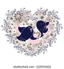 Floral and decorative composition in the shape of a heart with birds in love.Valentine's Day, March 8, beloved mother, wife.Nice wedding dress. Vector manual graphics.Color scheme: dark blue, pink.