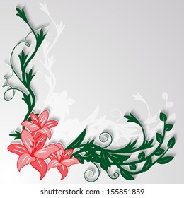 Floral decorative corner piece of lilies with leaves and twigs. Vector illustration.
