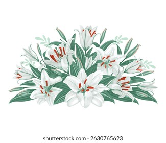 Floral decorative design element, vignette with white lily flowers. Decor, floral composition with daylily, flowers, leaves and buds isolated on a white background. Vector illustration