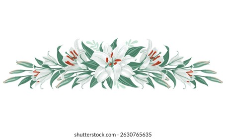Floral decorative design element, vignette with white lily flowers. Decor, floral composition with daylily, flowers, leaves and buds isolated on a white background. Vector illustration