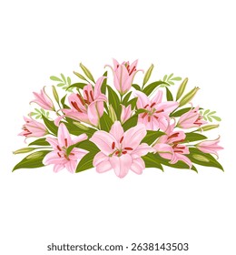 Floral decorative design element, vignette with pink lily flowers. Decor, floral composition with daylily, flowers, leaves and buds isolated on a white background. Vector illustration
