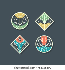 Floral decorative design elements, color set of isolated ornamental labels, stickers.