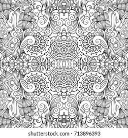 Floral decorative doodle linear pattern in black and white colors. Vector illustration
