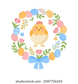 Floral decorative Easter wreath with Easter chick inside.