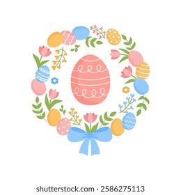 Floral decorative Easter wreath with Easter egg inside.