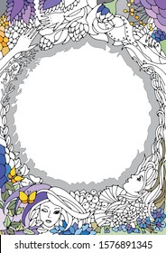 Floral decorative element with round space for text. Surreal female faces, leaves, waves, branches and flowers. Vector illustration for coloring pages or other.