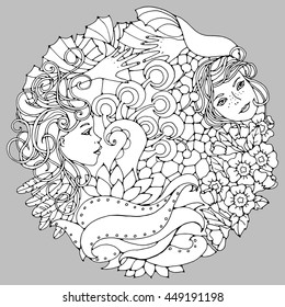 Floral decorative element with surreal female faces, leaves, branches and flowers. Black and white vector illustration for coloring pages or other.