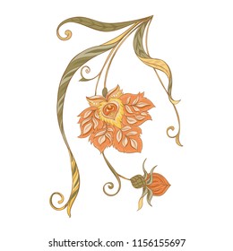 Floral decorative elements In art nouveau style, vintage, old, retro style. Isolated on white background. Vector illustration.