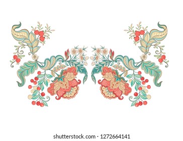 Floral decorative elements in jacobean embroidery style, fantasy floral pattern, vintage, old, retro style.  Good for embroidery application for neck line. Vector illustration.
