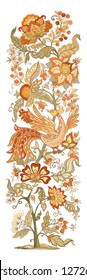 Floral decorative elements in jacobean embroidery style, fantasy floral pattern with bird, vintage, old, retro style. Isolated on white background. Vector illustration.