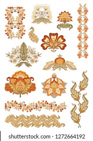 Floral decorative elements in jacobean embroidery style, fantasy floral pattern, vintage, old, retro style. Isolated on white background. Vector illustration.