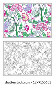 Floral decorative elements in jacobean embroidery style, fantasy floral pattern, vintage, old, retro style. Coloring page for adult coloring book with colored sample. Vector illustration.