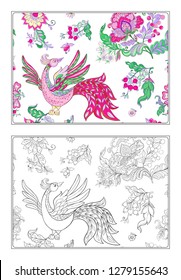 Floral decorative elements in jacobean embroidery style, fantasy floral pattern with bird, vintage, old, retro style. Coloring page for adult coloring book with colored sample. Vector illustration.