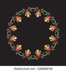 Floral decorative elements in jacobean embroidery style, fantasy floral pattern , vintage, old, retro style.  Embroidery imitation for neck line. Vector illustration.