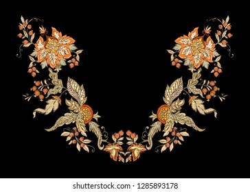 Floral decorative elements in jacobean embroidery style, fantasy floral pattern, vintage, old, retro style.  Embroidery imitation for neck line. Vector illustration.