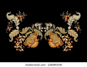 Floral decorative elements in jacobean embroidery style, fantasy floral pattern, vintage, old, retro style.  Embroidery imitation for neck line. Vector illustration.
